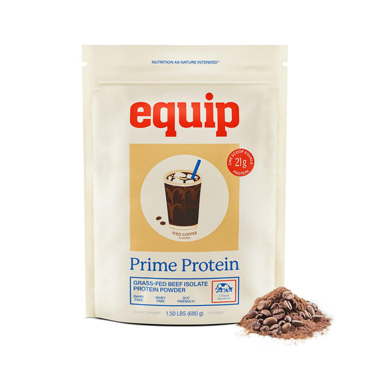 Equip Prime Protein iced coffee tub with scoop ready to mix powder.