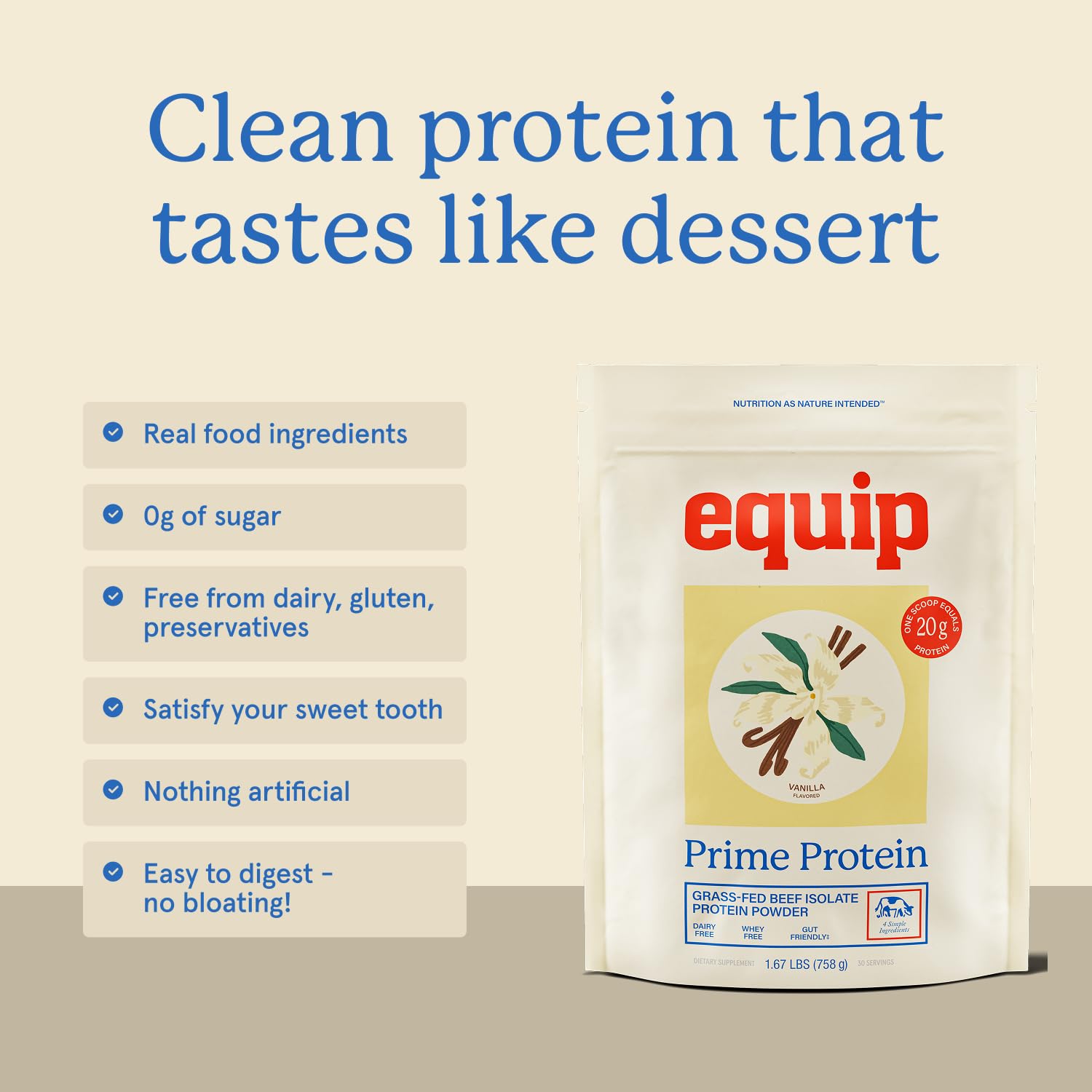 Close-up of clean ingredients in Equip Prime Protein packaging.
