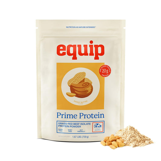 Equip Prime Protein Powder peanut butter tub, a convenient keto-friendly protein boost.