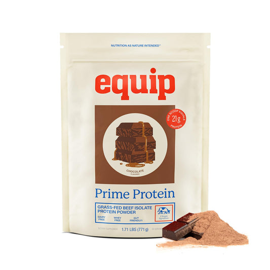 Equip Prime Protein Powder chocolate jar for a rich, clean post-workout protein boost.