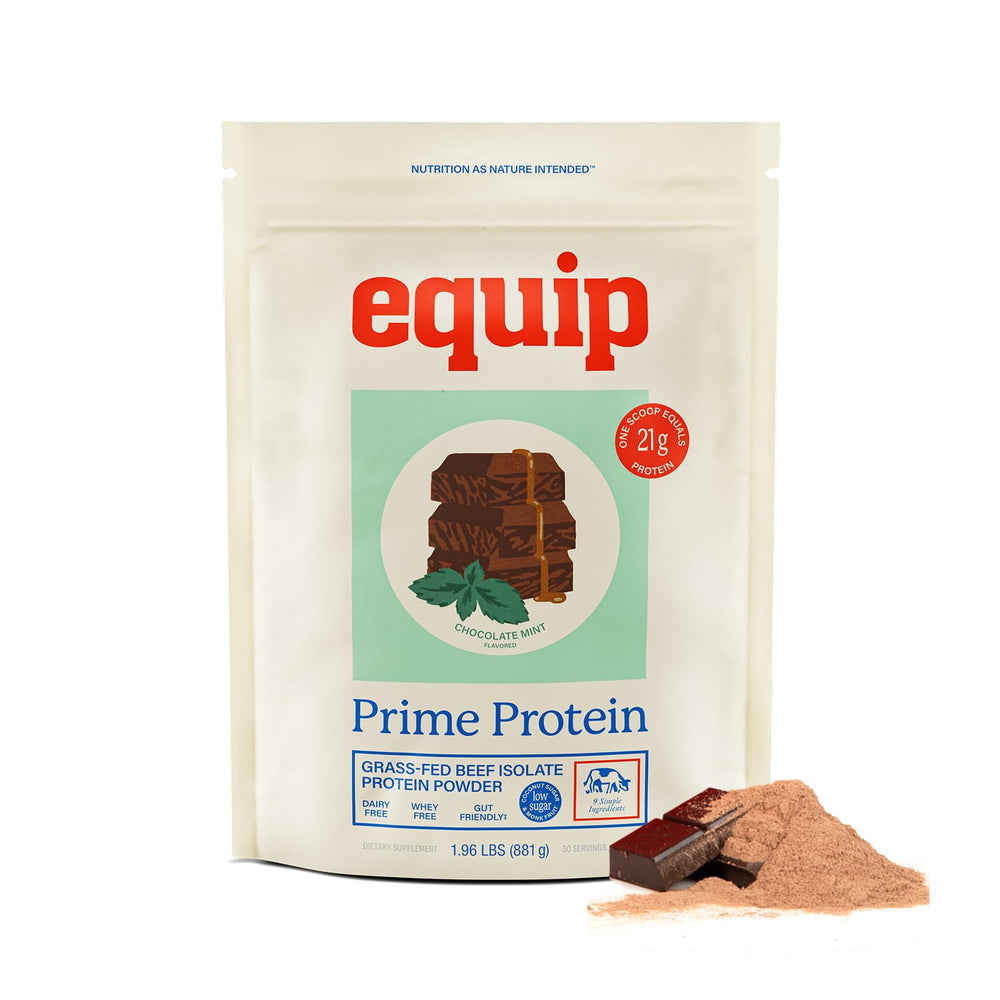Equip Prime Protein Powder chocolate mint bottle highlighting clean, high-protein nutrition.