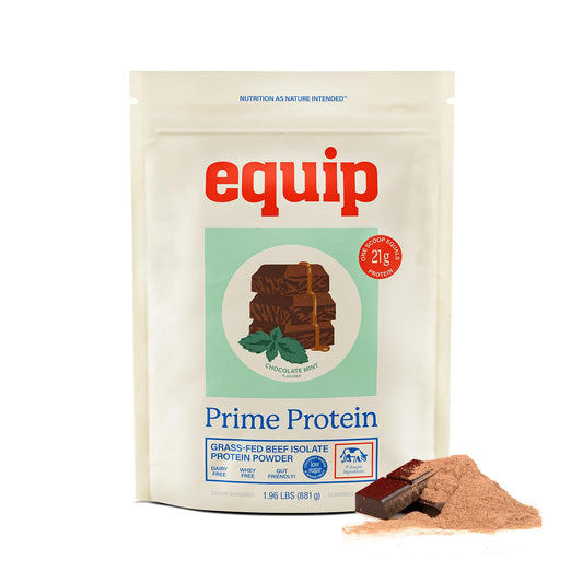 Equip Prime Protein Powder chocolate mint bottle highlighting clean, high-protein nutrition.