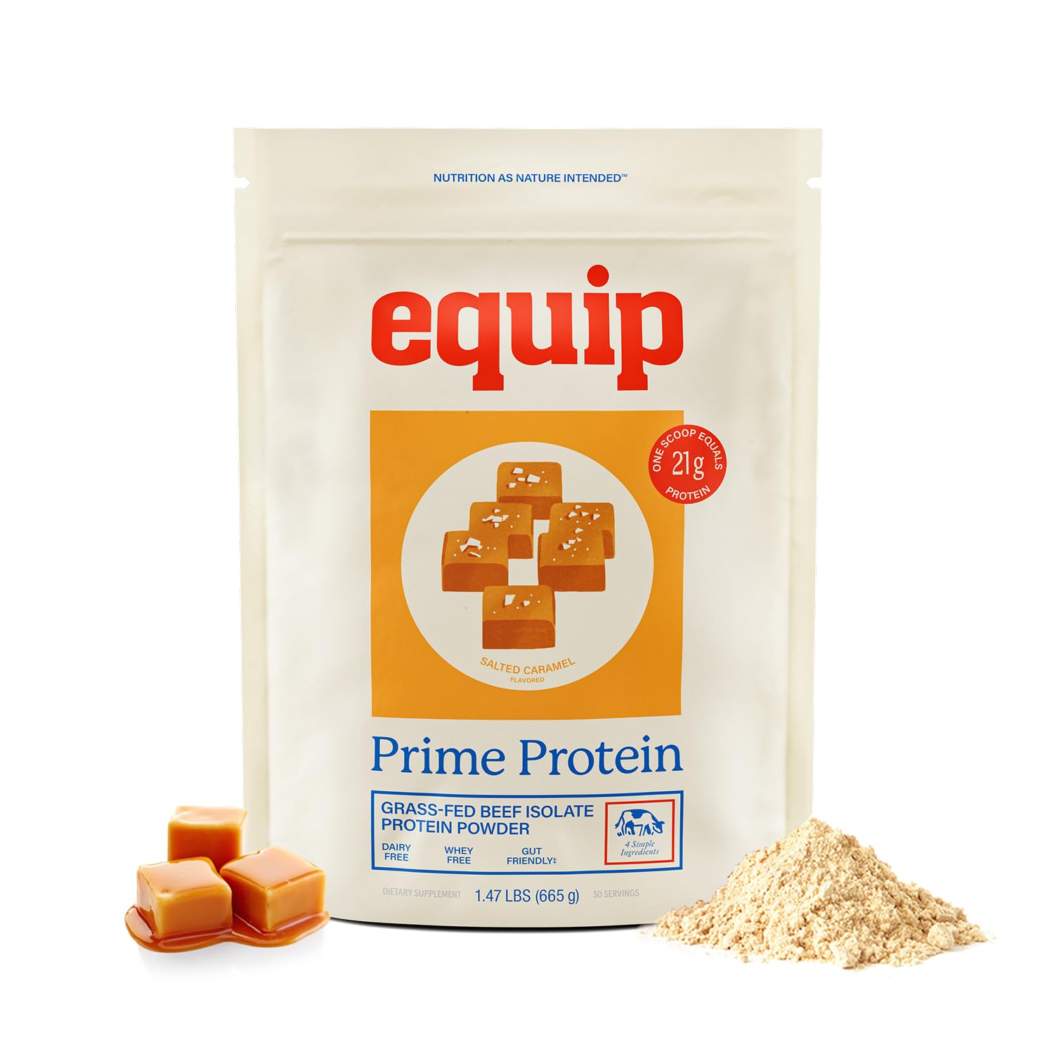 Equip Prime Protein Powder label on bottle highlights grass-fed beef source for clean protein.