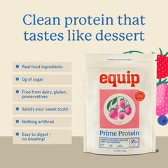 Equip Prime Protein Powder being poured, convenient post-workout protein option.