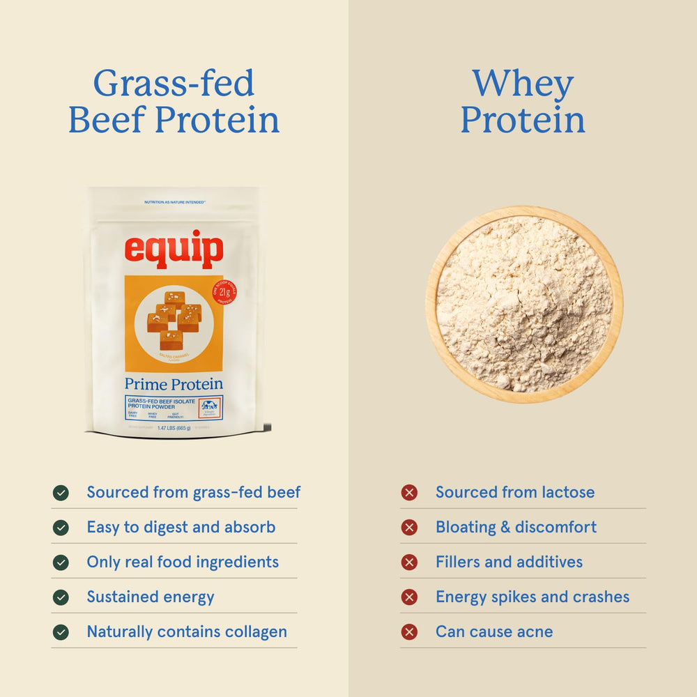 Close-up salted caramel flavor scoop demonstrates dessert-like protein option.