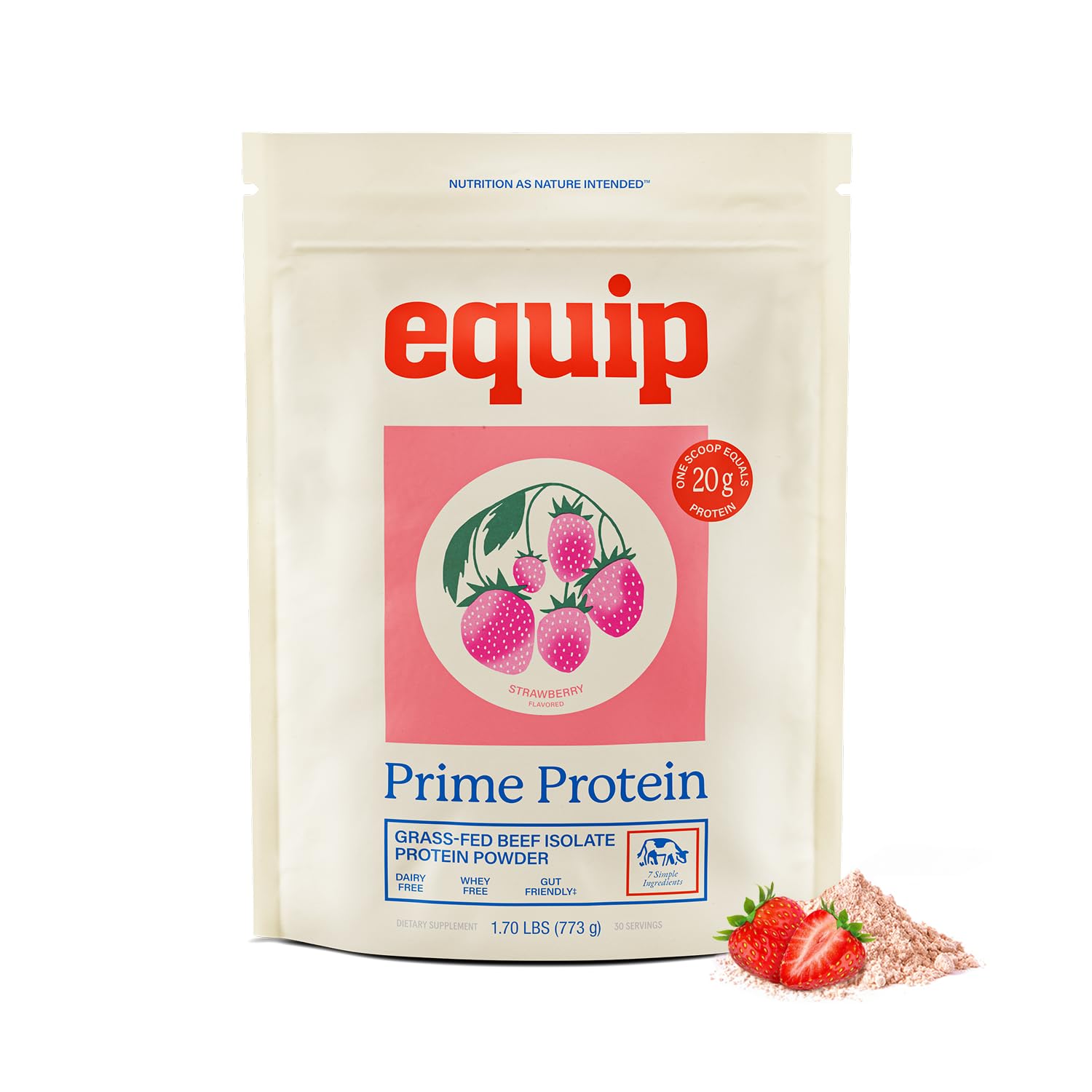 Equip Prime Protein Powder strawberry bottle with scoop demonstrates keto-friendly nutrition.