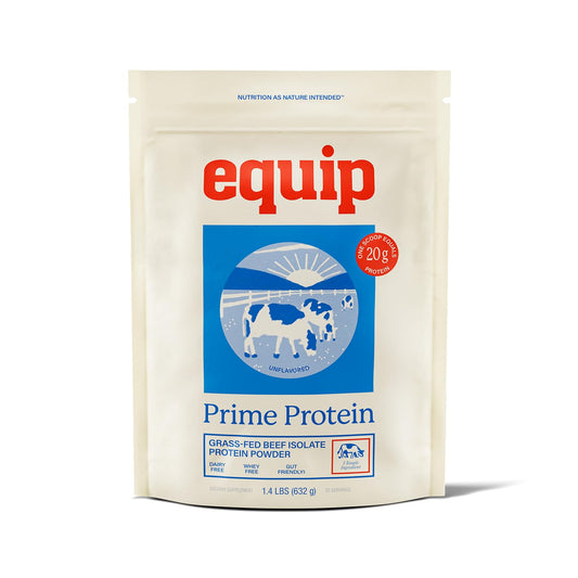 Equip Prime Protein Powder tub front with clean label for keto-friendly nutrition.