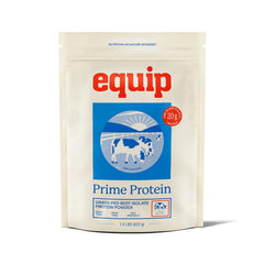 Equip Prime Protein Powder tub front with clean label for keto-friendly nutrition.