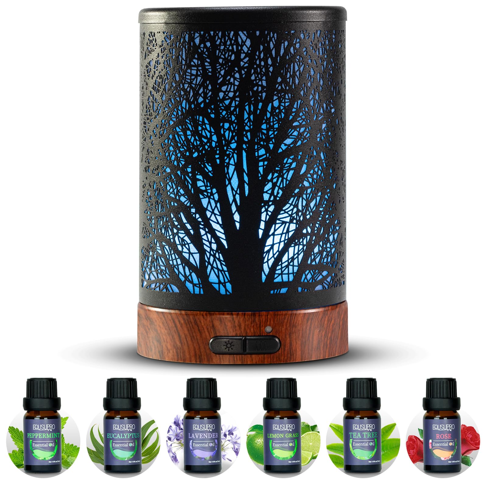 EQUSUPRO oil diffuser 150ml with color-changing night light for relaxing ambiance.