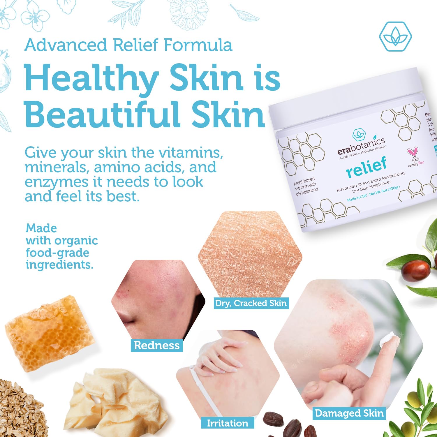 Era Organics ingredients aloe and manuka honey nourish sensitive skin daily