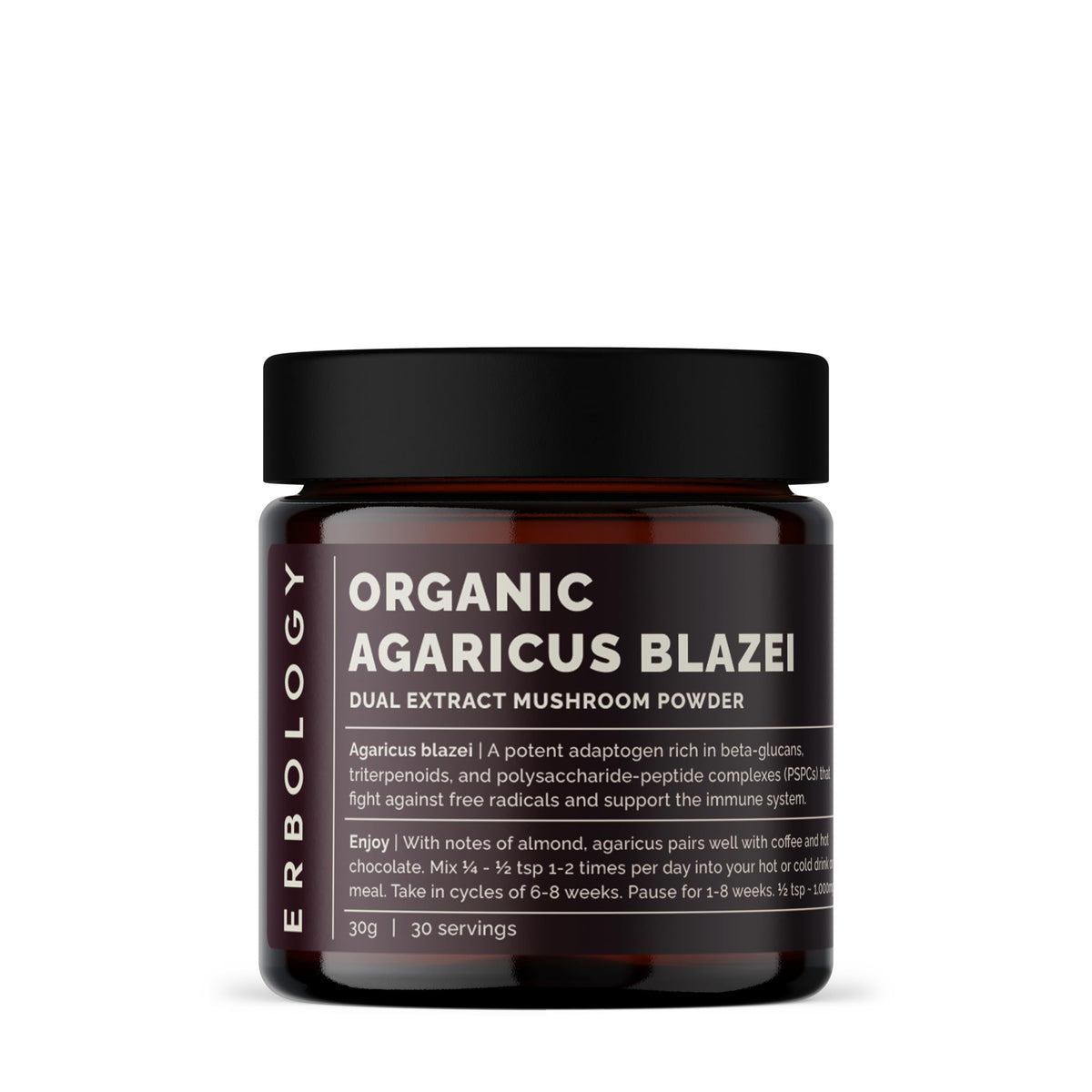 Erbology Agaricus blazei dual extract powder jar; supports immune balance and heart health.