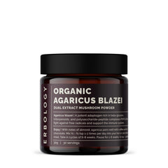 Erbology Agaricus blazei dual extract powder jar; supports immune balance and heart health.
