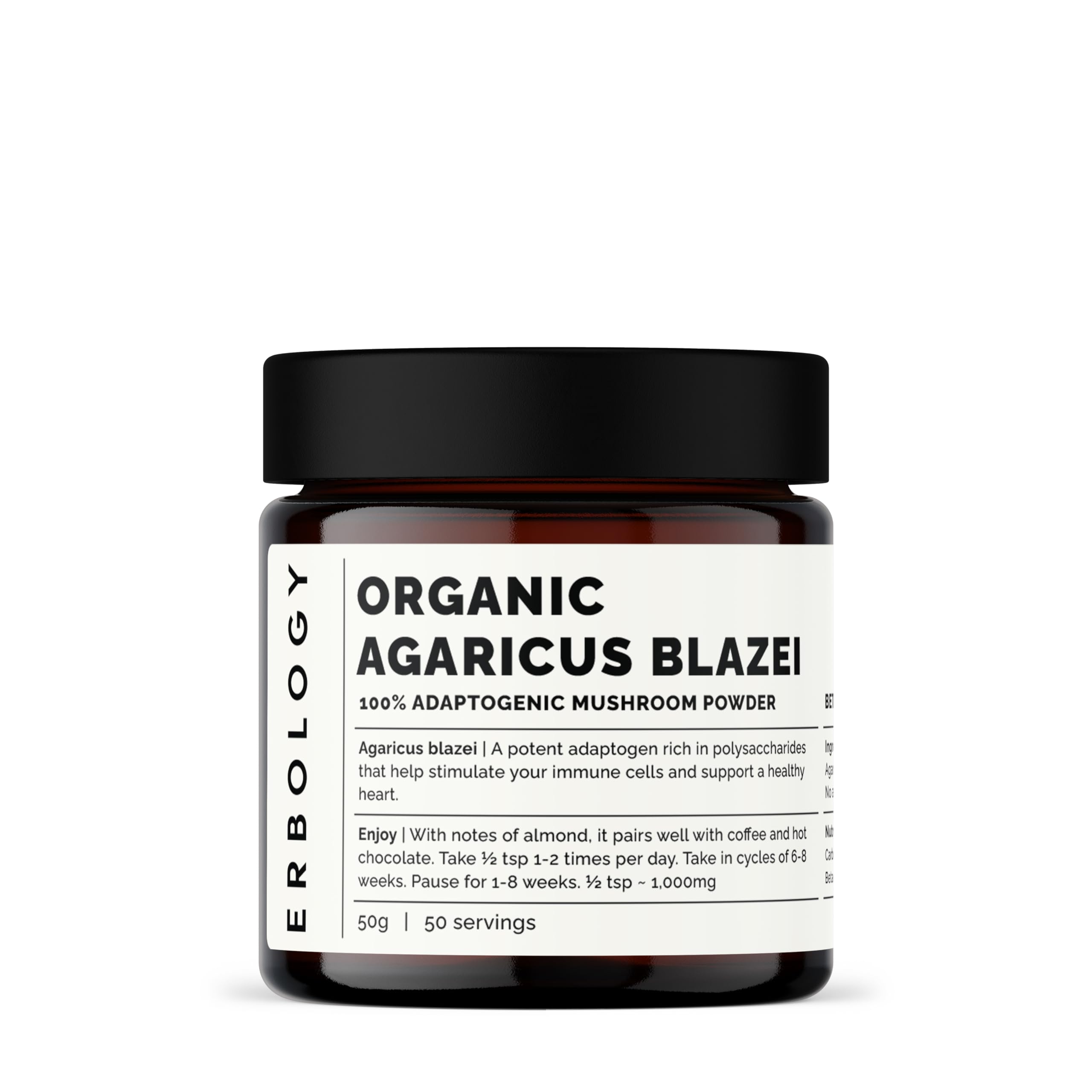 Erbology Agaricus Blazei powder jar showing premium whole-food extract and beta-glucans.