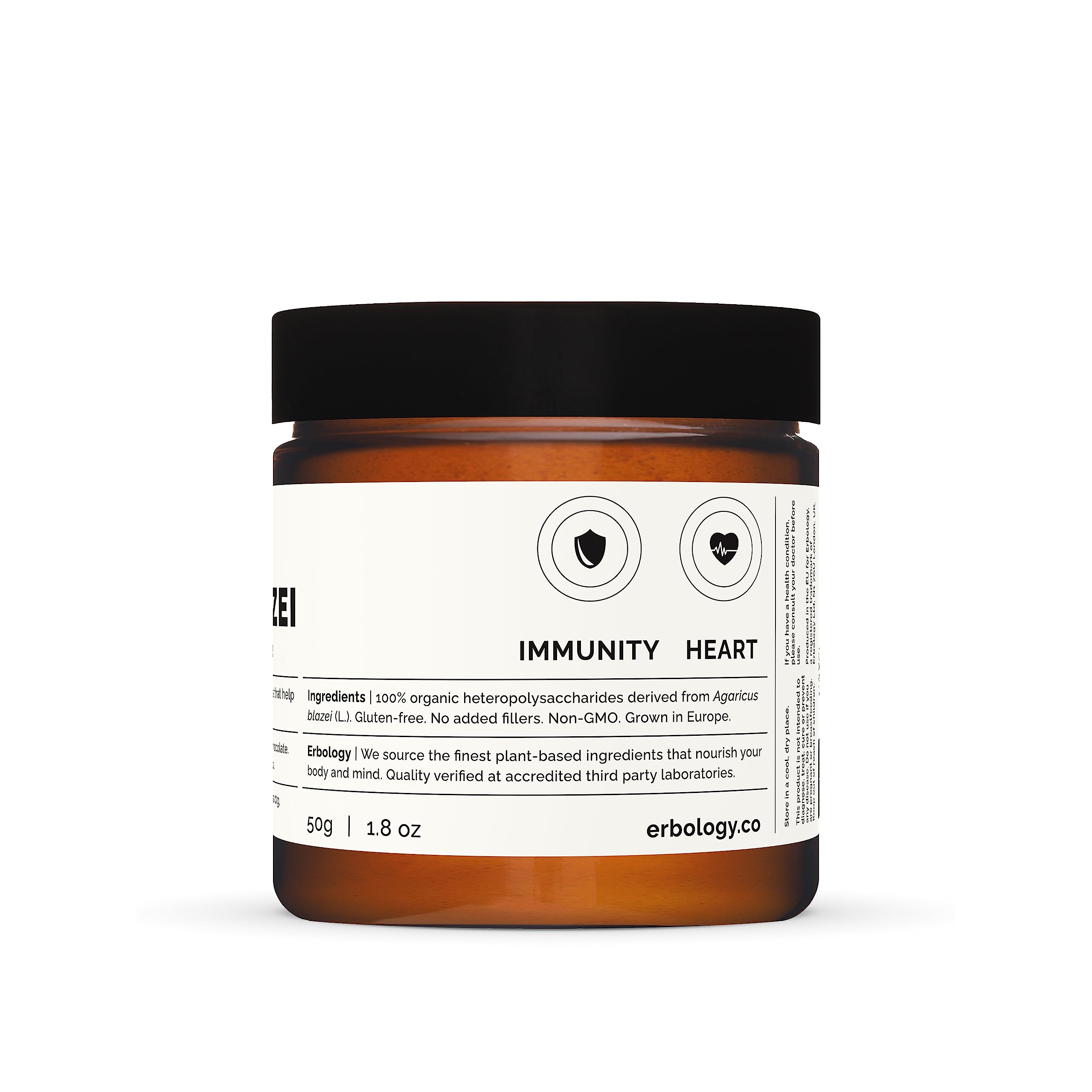 Amber glass packaging of Erbology powder preserving nutrients and quality.