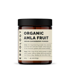 Erbology amla powder in amber jar, pure whole-fruit powder for daily skin vitality.