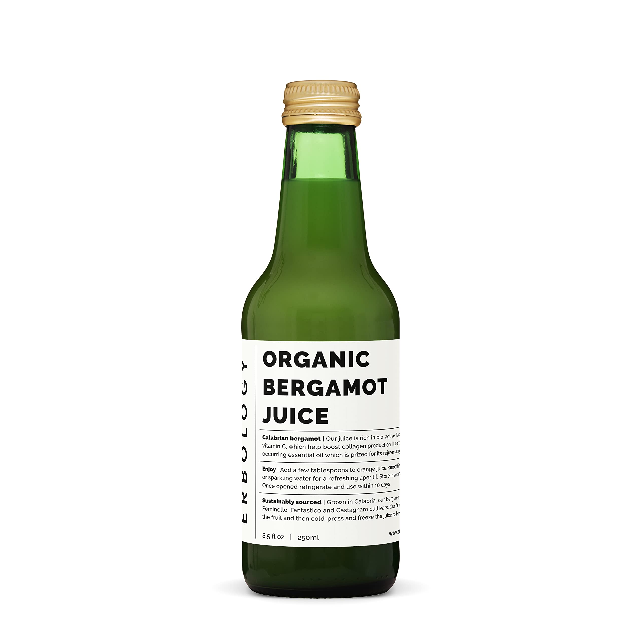 Erbology bergamot juice bottle front showing undiluted purity for refreshing sips