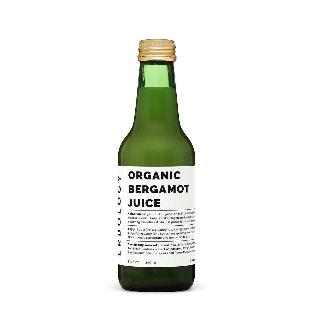 Erbology bergamot juice bottle front showing undiluted purity for refreshing sips
