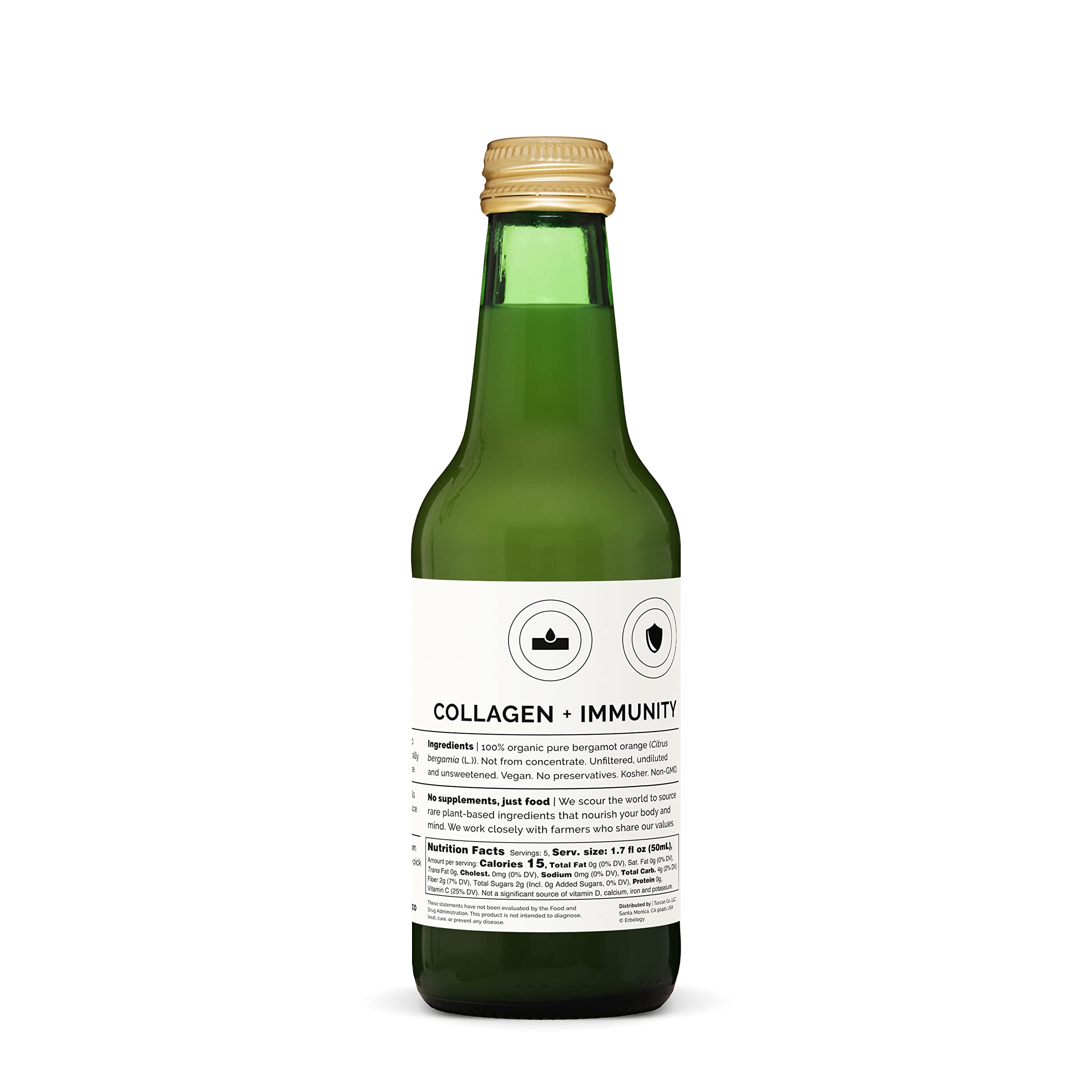 Close-up of Erbology bergamot juice label highlighting organic and non-GMO credentials