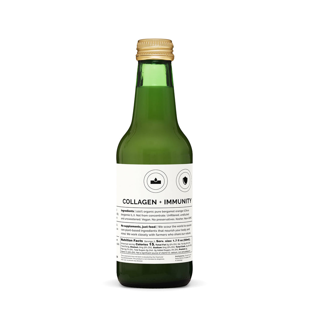 Close-up of Erbology bergamot juice label highlighting organic and non-GMO credentials