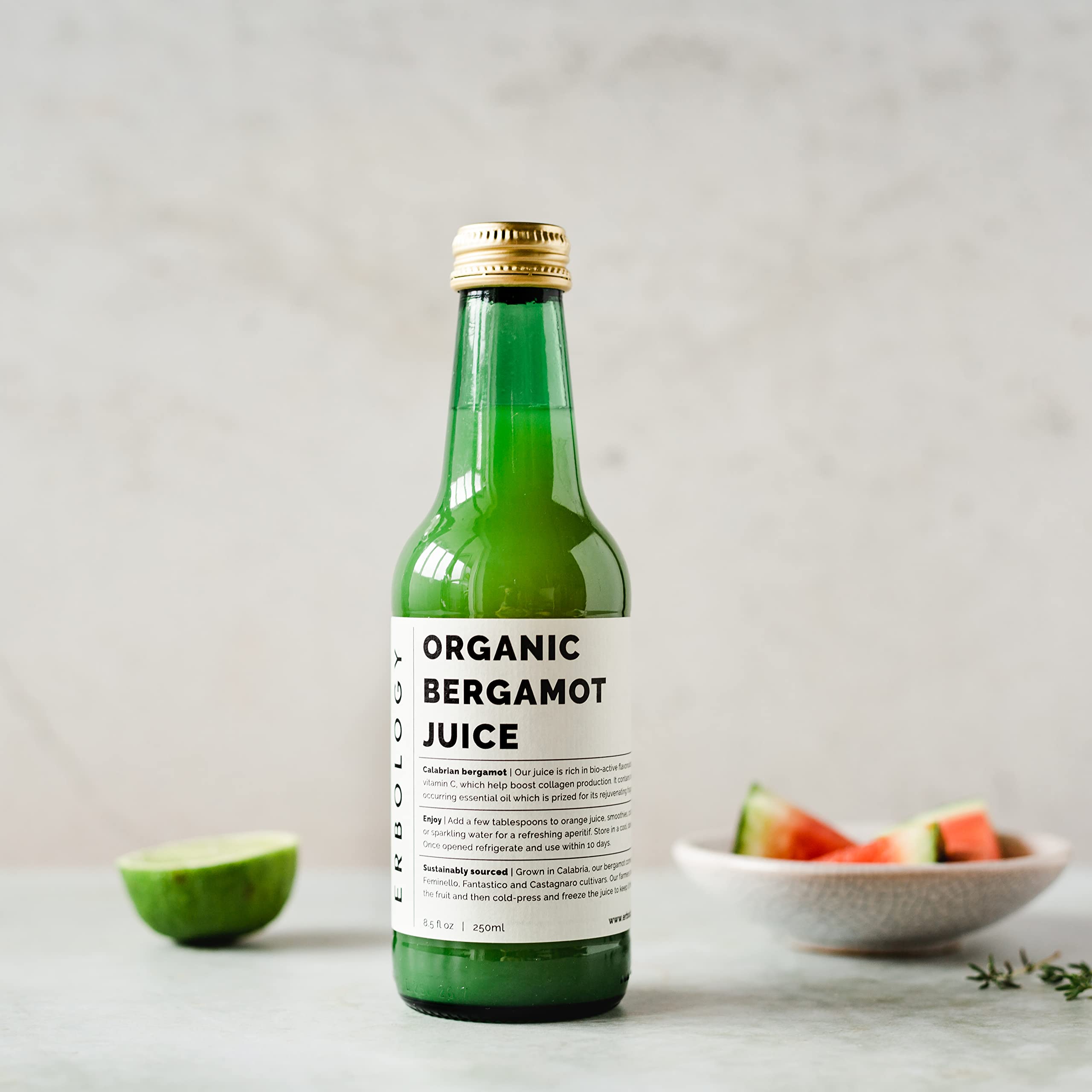 Erbology bergamot juice sourced from Calabria, Italy, reflecting small-batch farming roots