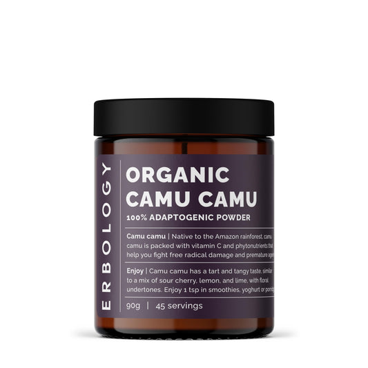 Erbology Camu Camu Powder jar shows a rich vitamin C source for smoothies.