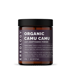 Erbology Camu Camu Powder jar shows a rich vitamin C source for smoothies.