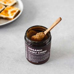 Erbology Camu Camu Powder measuring spoon ready for a quick breakfast boost.