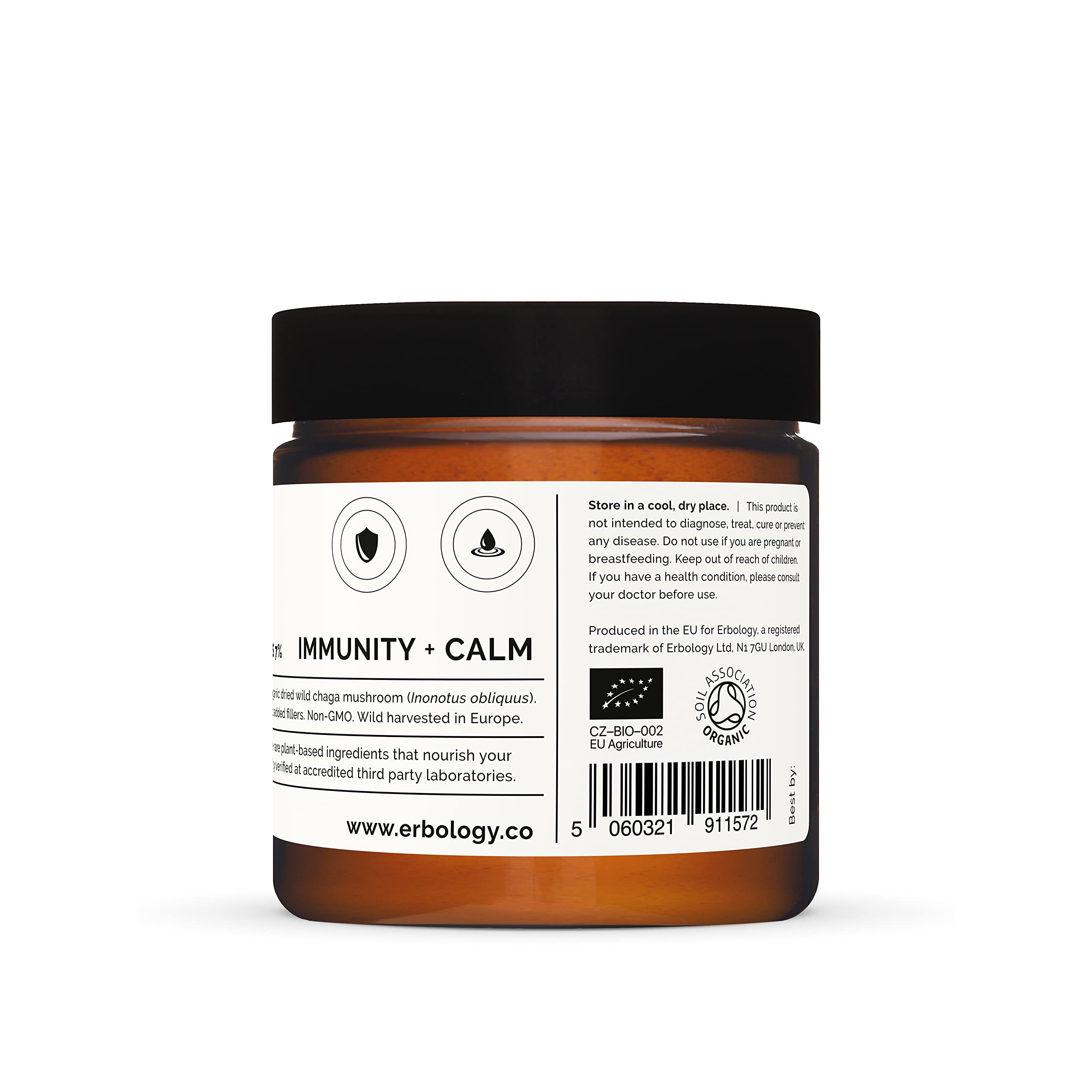 Erbology Chaga powder packaging label noting Finland origin and organic status