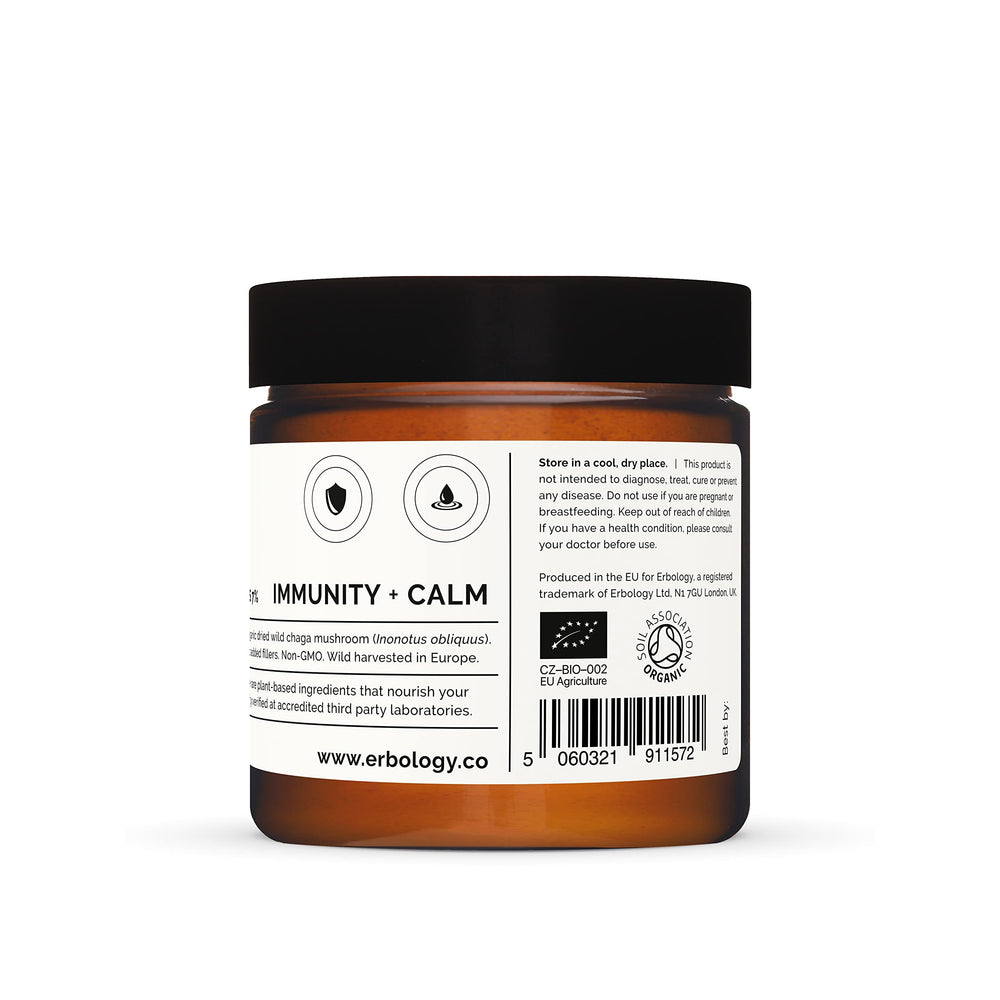 Erbology Chaga powder packaging label noting Finland origin and organic status