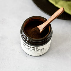 Erbology Chaga powder close-up showing earthy texture for mindful brewing