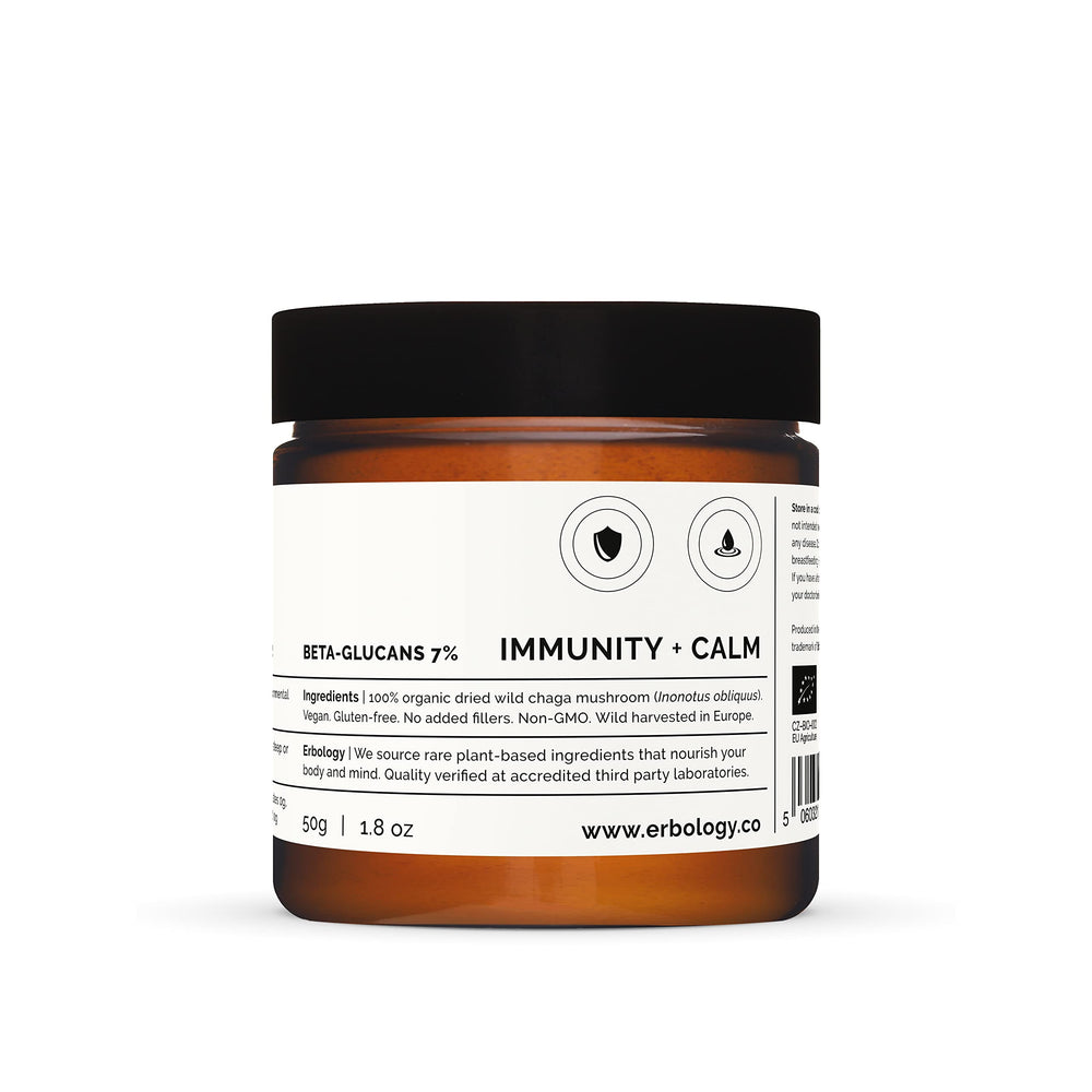 Erbology Chaga powder in a tea cup for a soothing infusion