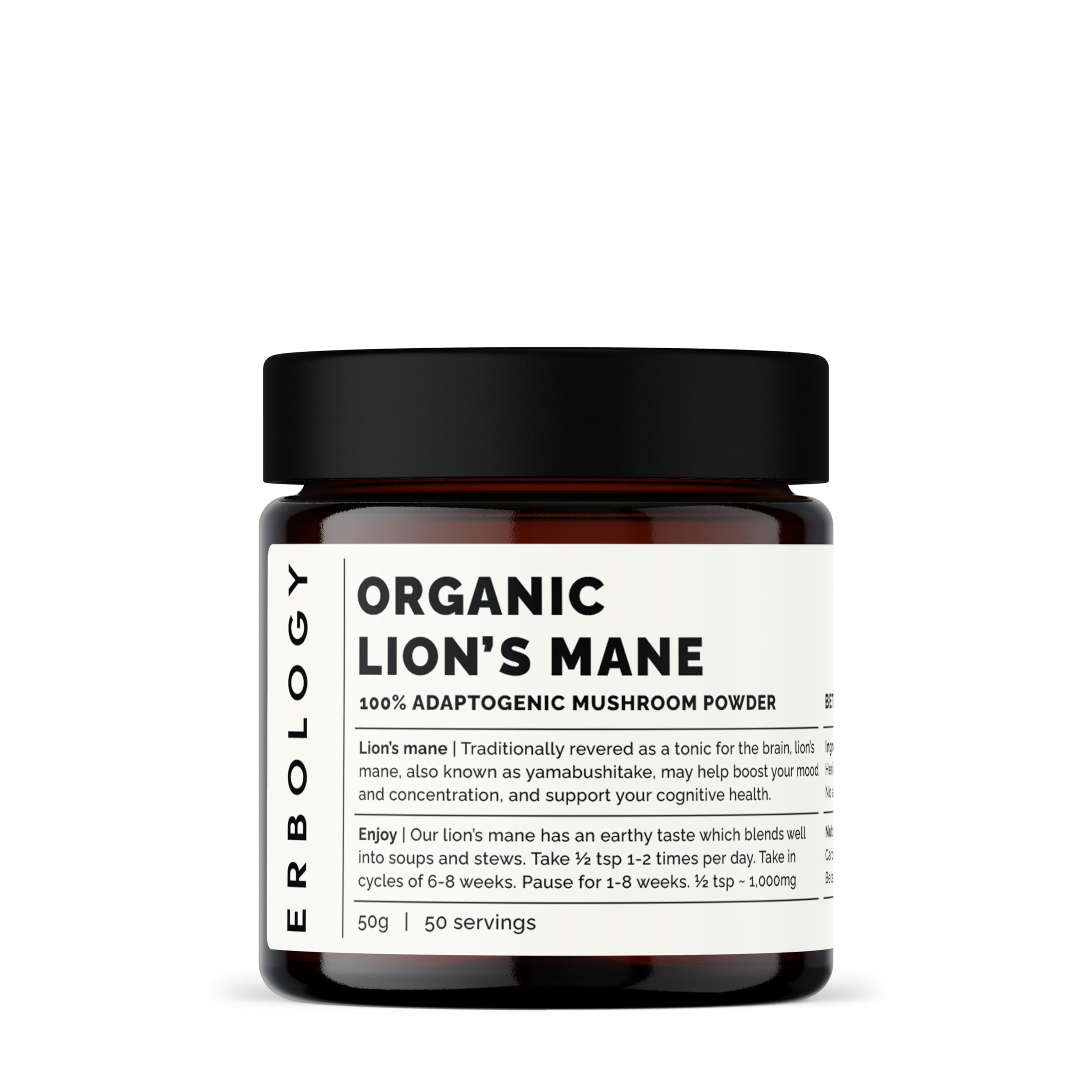 Erbology Lion's Mane powder in amber jar for daily use and natural nutrition