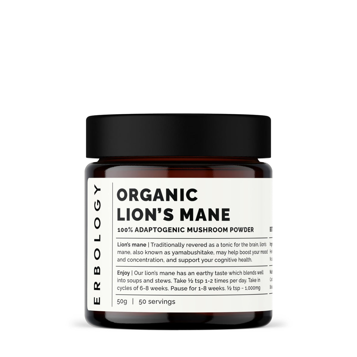 Erbology Lion's Mane powder in amber jar for daily use and natural nutrition