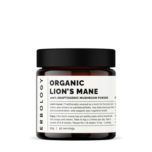 Erbology Lion's Mane powder in amber jar for daily use and natural nutrition