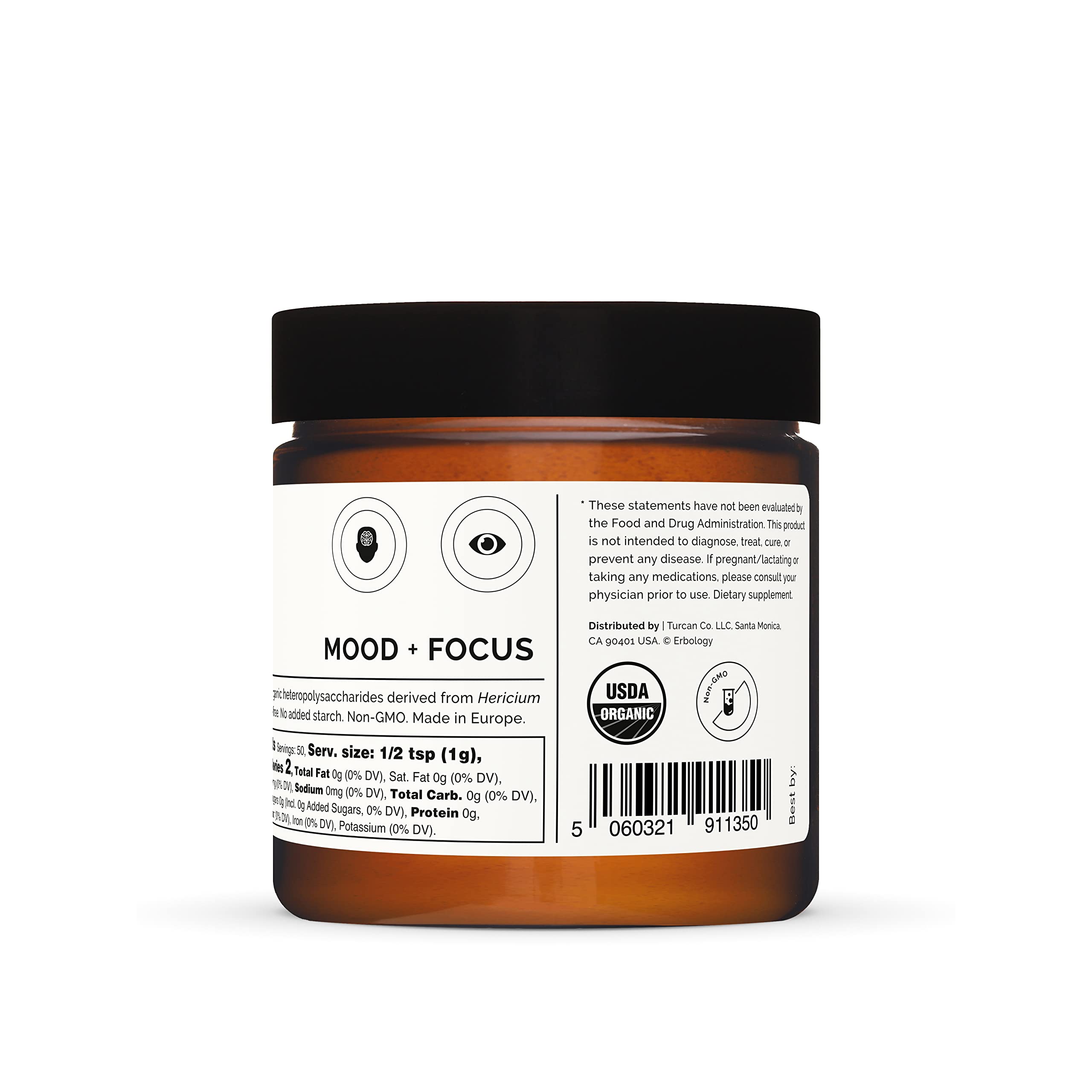 Lab-checked Erbology Lion's Mane powder in amber jar ensuring quality