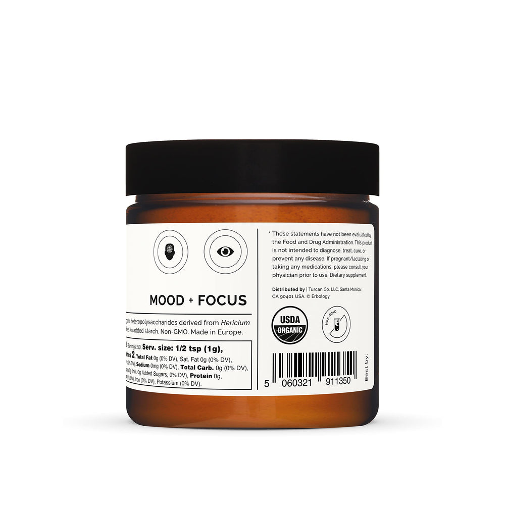 Lab-checked Erbology Lion's Mane powder in amber jar ensuring quality