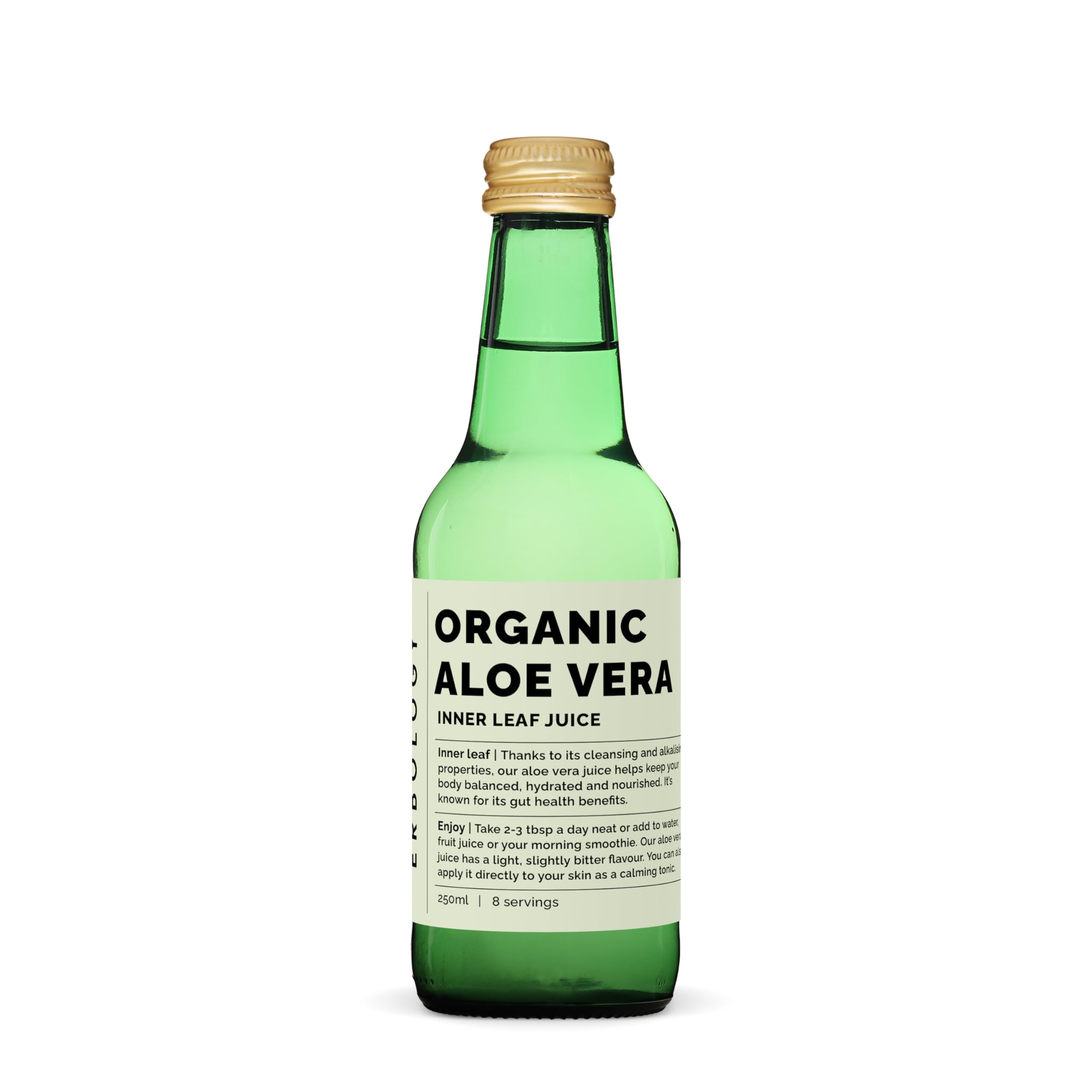 Erbology organic aloe vera inner leaf juice bottle, nutrient-dense.