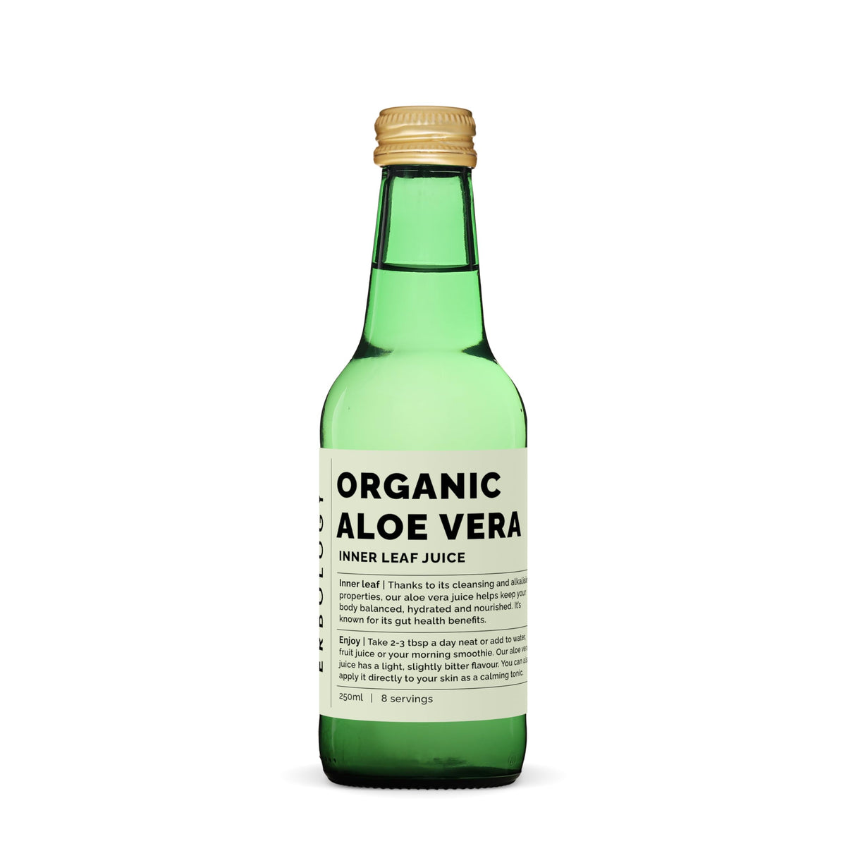Erbology organic aloe vera inner leaf juice bottle, nutrient-dense.