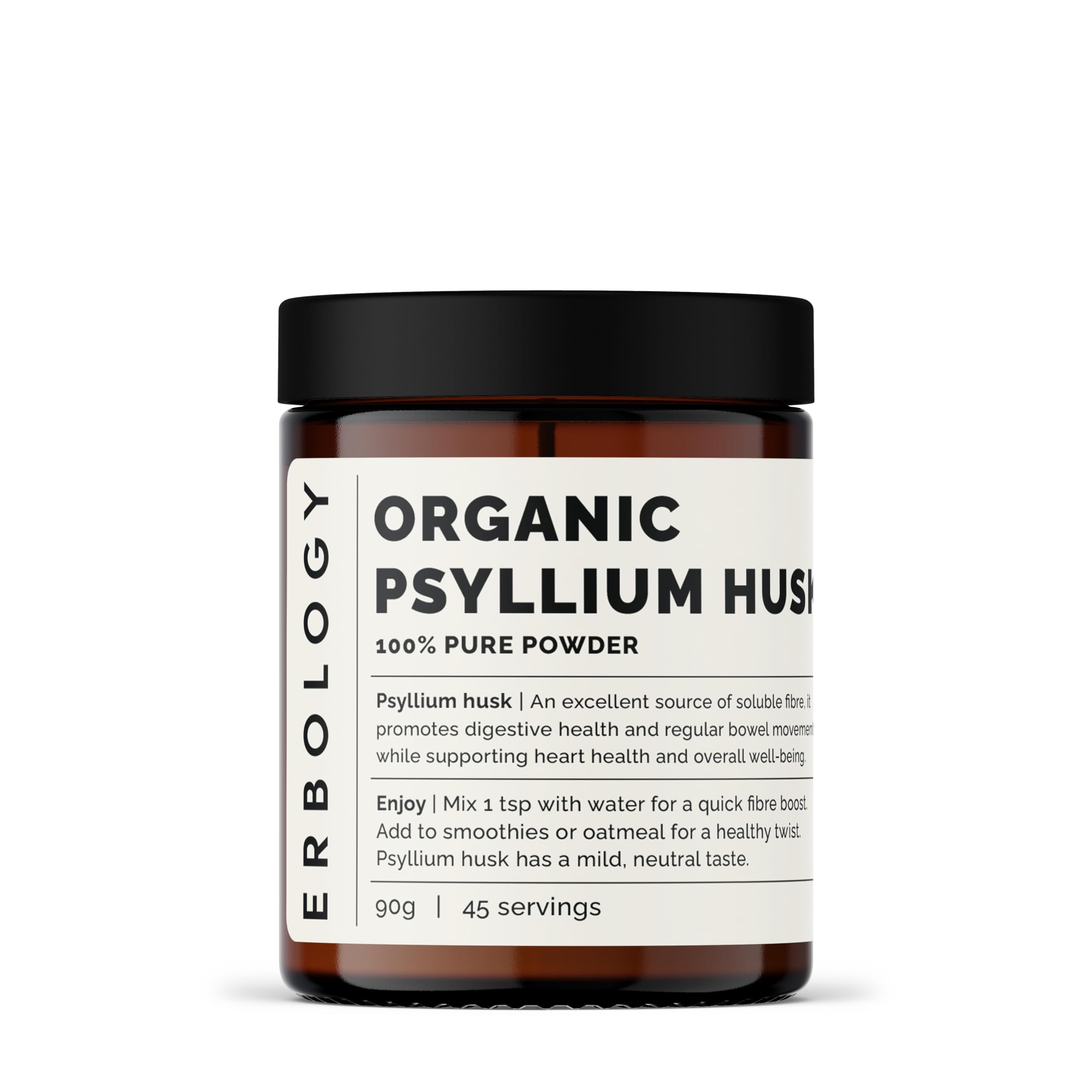 Erbology psyllium husk powder bottle on a kitchen counter, ready to mix for daily fiber