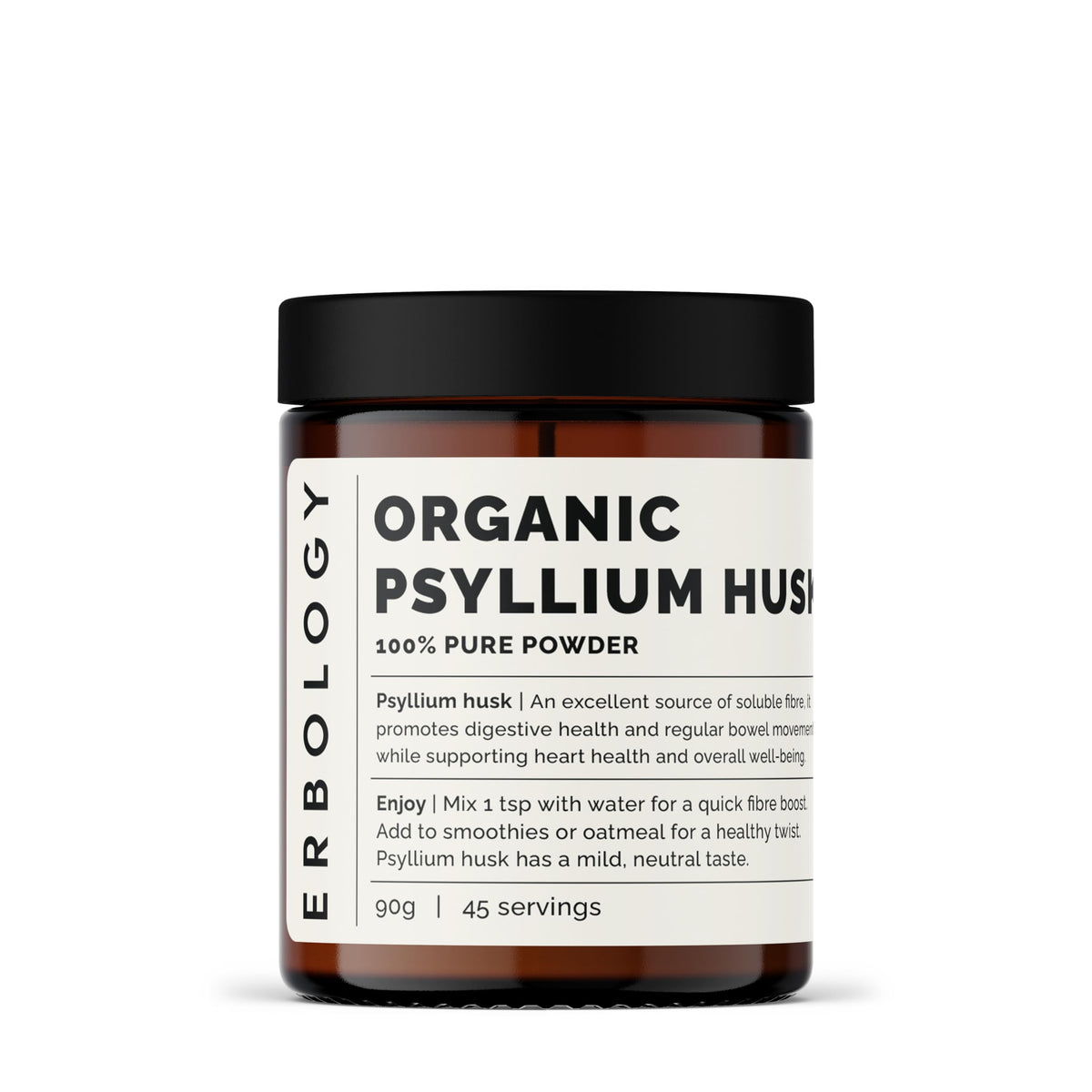 Erbology psyllium husk powder bottle on a kitchen counter, ready to mix for daily fiber