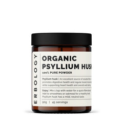 Erbology psyllium husk powder bottle on a kitchen counter, ready to mix for daily fiber