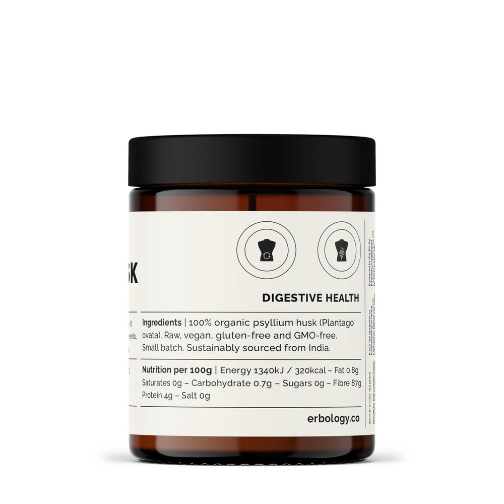 Closeup of Erbology psyllium husk powder packaging highlighting small-batch sourcing