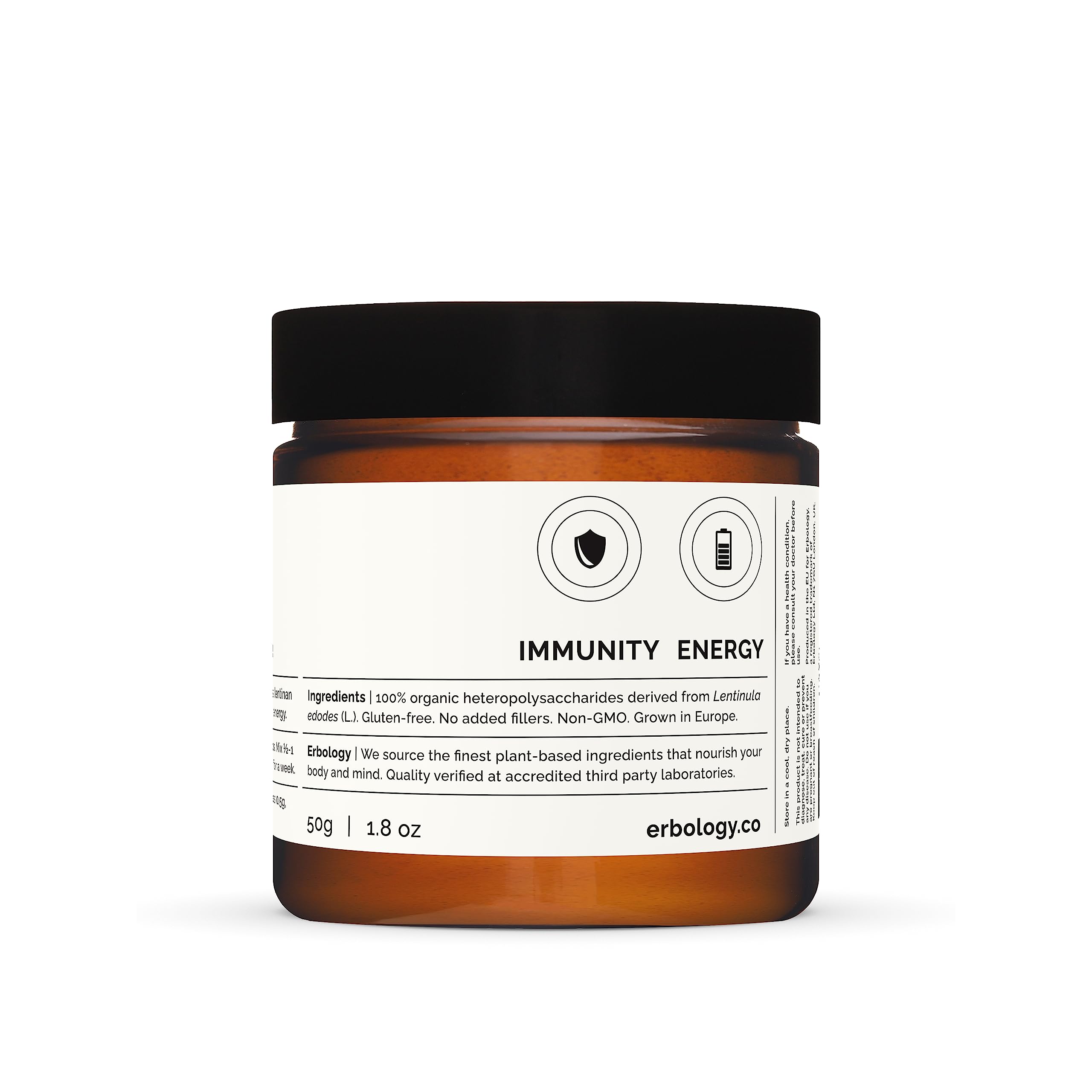 Amber glass jar of Erbology Shiitake powder signals sustainable packaging.