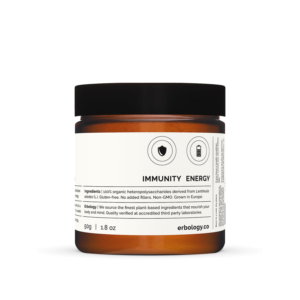 Amber glass jar of Erbology Shiitake powder signals sustainable packaging.