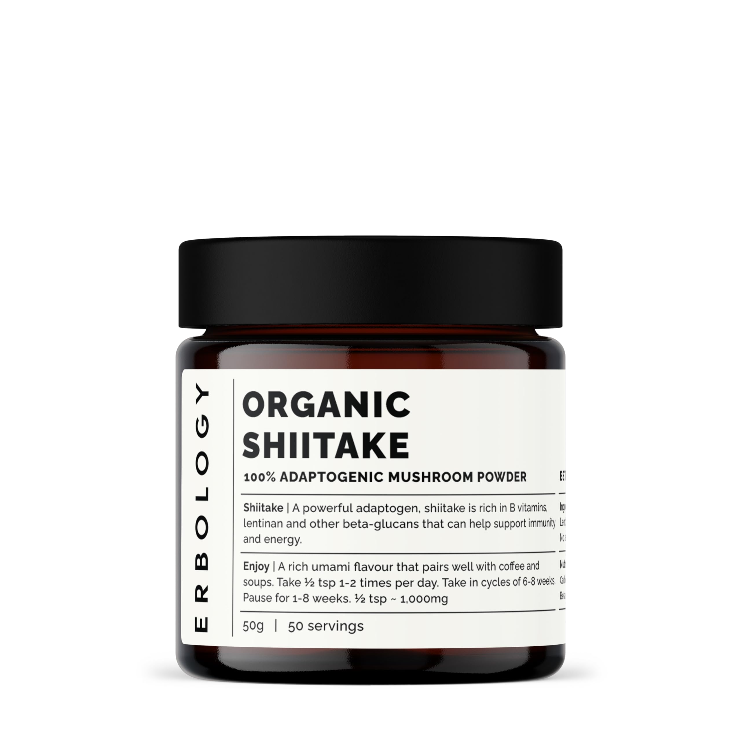 Erbology Shiitake powder jar label highlights organic quality for savory dishes.