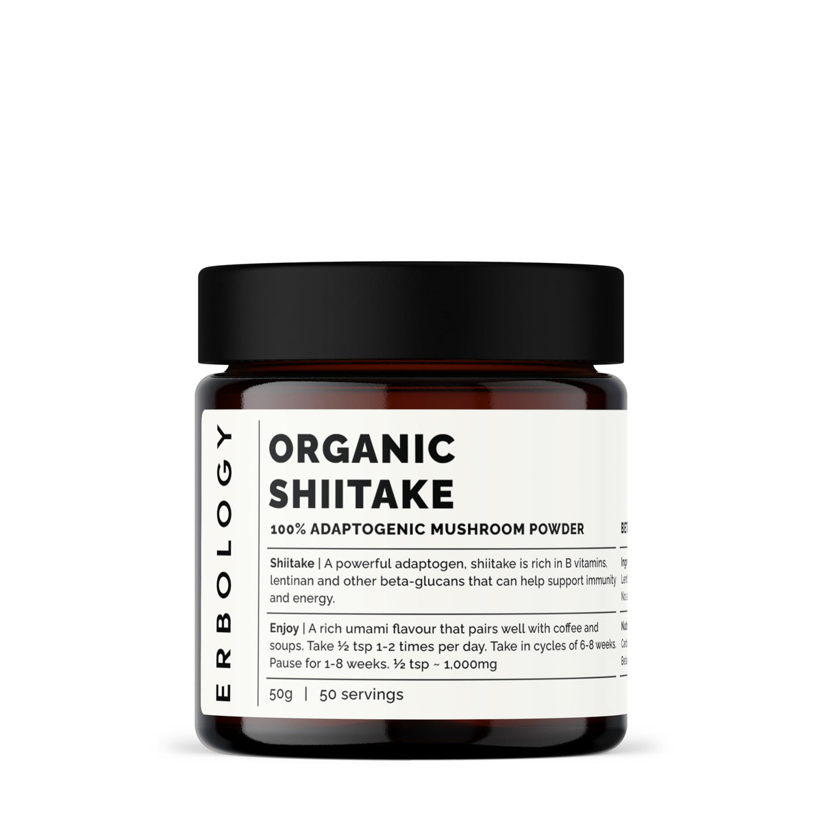 Erbology Shiitake powder jar label highlights organic quality for savory dishes.