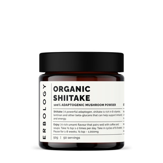 Erbology Shiitake powder jar label highlights organic quality for savory dishes.