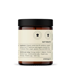 Erbology Triphala amber glass packaging signals eco-friendly, recyclable materials.