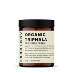Erbology Triphala powder bottle highlights whole-fruit blend for gentle daily support.