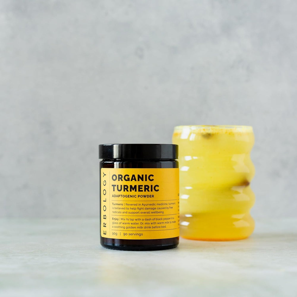 Close-up of Erbology turmeric powder showing vibrant orange color for spice blends